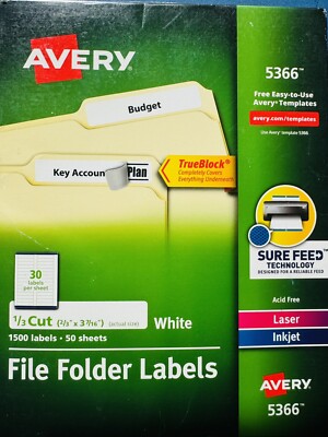 Avery 5366 - File Folder Labels White 1/3 Cut 2/3''x3-7/16'' Laser/Ink - 1500 Qty