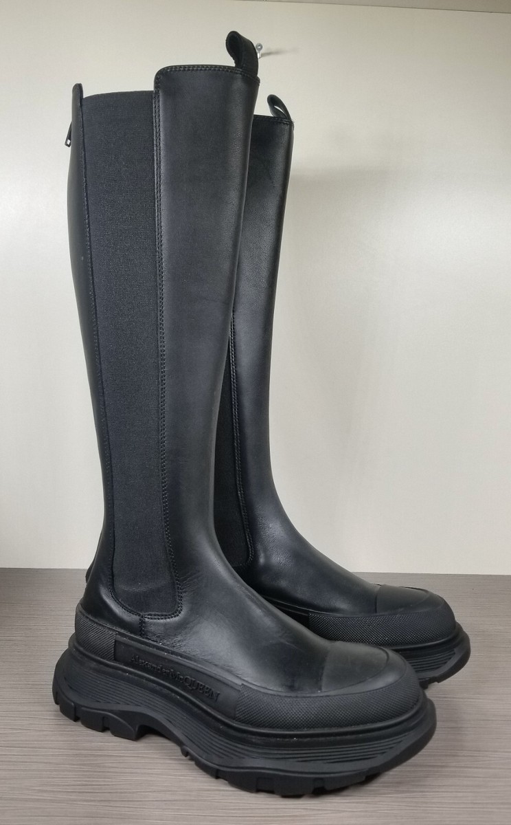 Alexander McQueen Tread Slick Knee High Boot, Black Leather