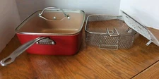 Red Copper Square Pan 10" NonStick Deep Fryer Roast Steam Bake Broil 