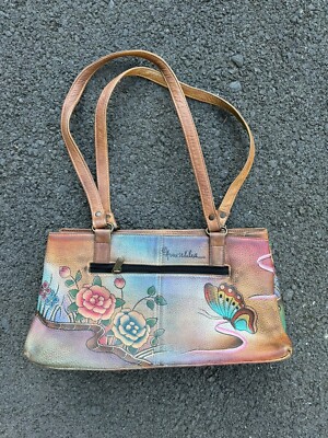 Anuschka Handbag Purse Hand Painted Floral Leather Shoulder Bag Flower  Butterfly