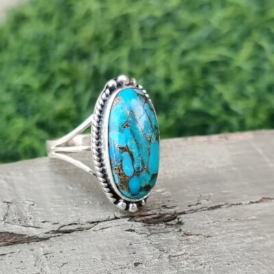 Sterling 925 Silver With Turquoise Oval Shaped Stone Handmade Women Ring Gift