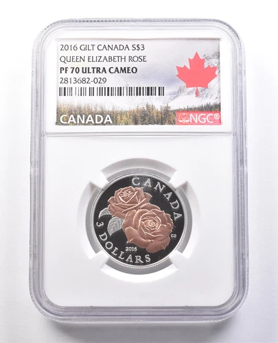2016 Canada 3 Dollars Silver Gilt Queen Elizabeth Rose PF70 UCAM NGC *9990