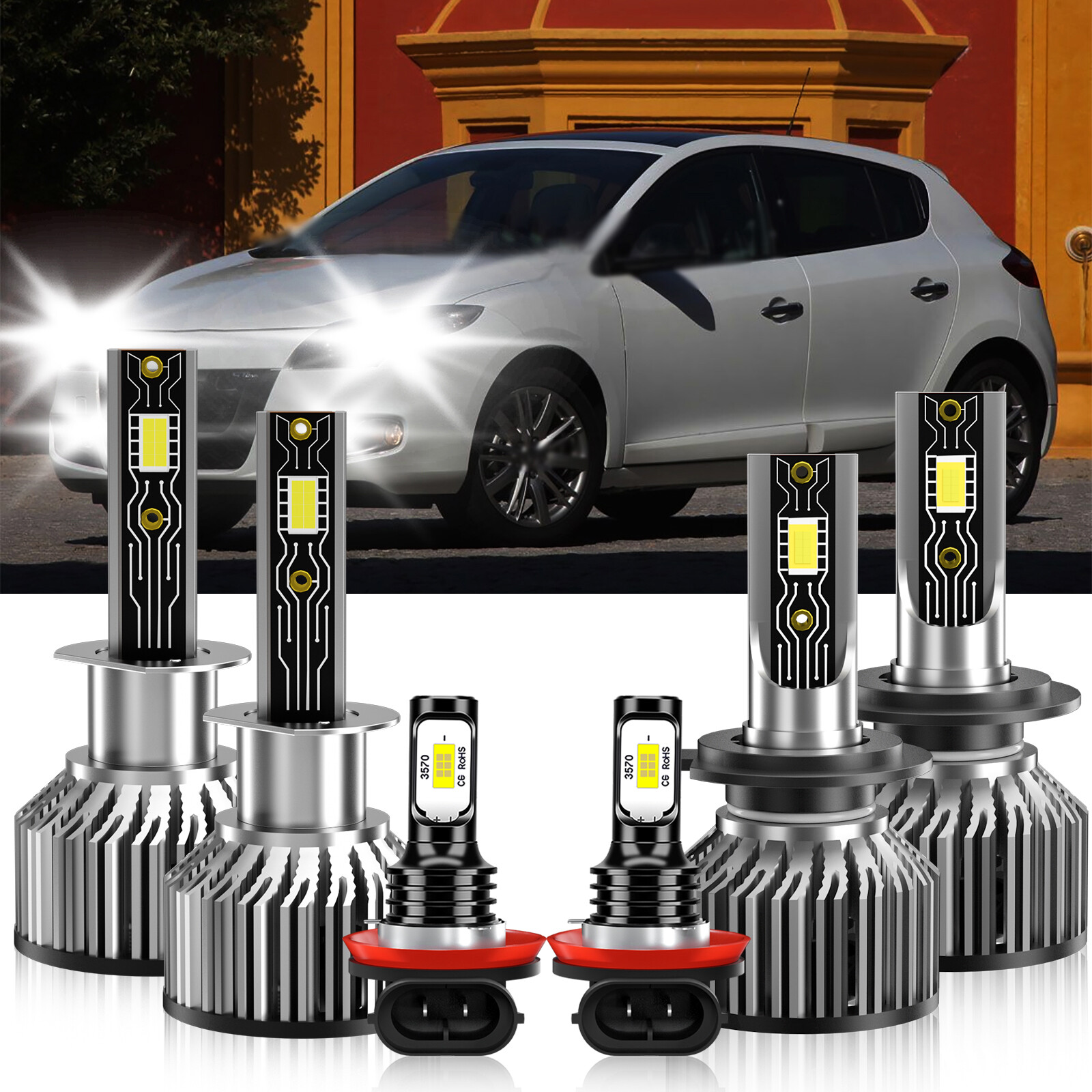 6Pcs LED Headlight High/Low + Fog Light Bulbs kit For Renault Megane 2006-2008