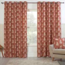 Image of Esher Fern Leave Print Design Eyelet Lined Curtains in Terracotta