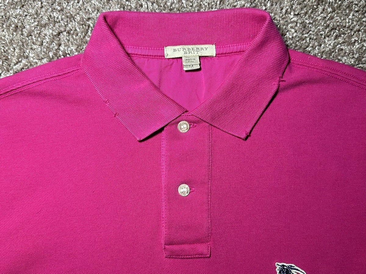 Burberry BRIT Men's Polo Shirt S/S Solid Bright Pink Cotton Burberry BRIT Men's Polo Shirt S/S Solid Bright Pink Cotton