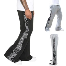 Victorious Men's Casual Side Snap On Flared Bandana Fleece Sweat Pants FL92