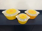 Vintage Set 3 PYREX Nesting Daisy Sunflower Covered Casserole Dishes Clear Lids