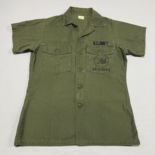 Vintage 60s US Navy Seabees OG-507 Mens Green Utility Military Button Shirt Sz L