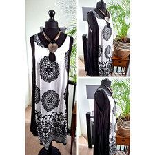 BOHO DRESS Ladies Black White sleeveless Festival Womens ONE size 14 16 18 L XL