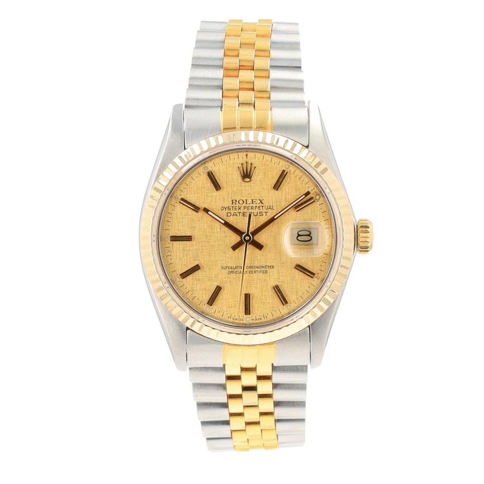 Двухцветные юбилейные часы Rolex Datejust 16013 с льняным циферблатом цвета шампанского 18 кГ рифленые - Изображение 2 из 4