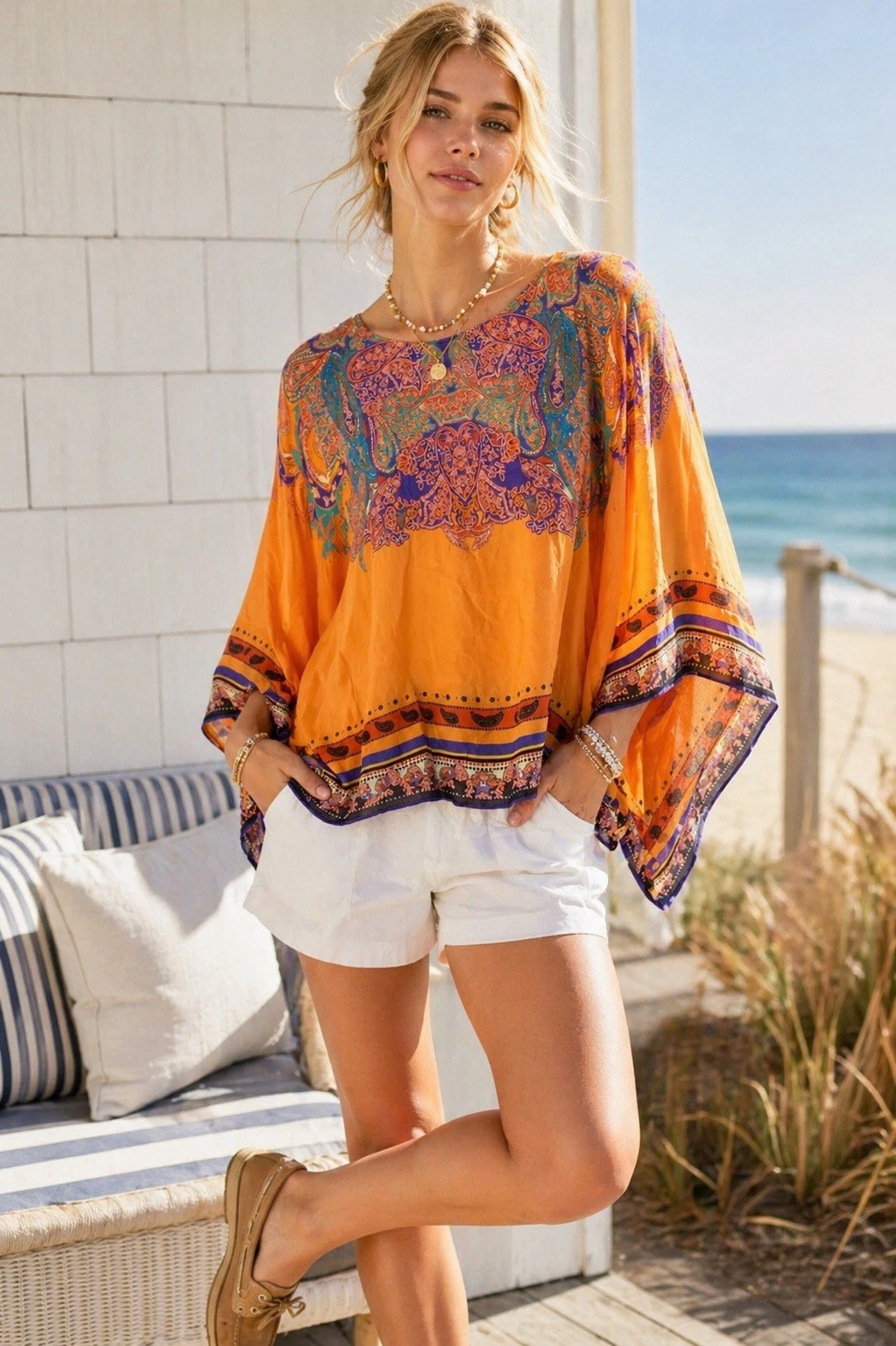 Sundance Orange Paisley Viscose Poncho Top Boho One Size Coverup Resort
Opens in a new window or tab