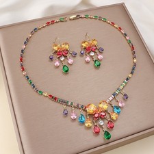 Colorful Cubic Zirconia Butterfly Necklace Earrings Party Jewelry Set