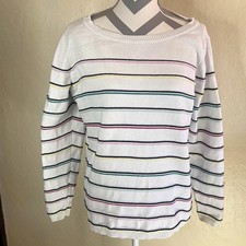 Talbots White Boat Neck Multicolor Striped Long Sleeved Sweater Sz L