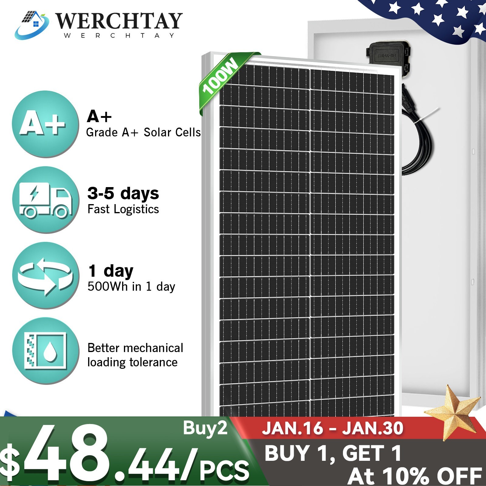 100W Watt 12v Monocrystalline Solar Panel RV Camping Home Of