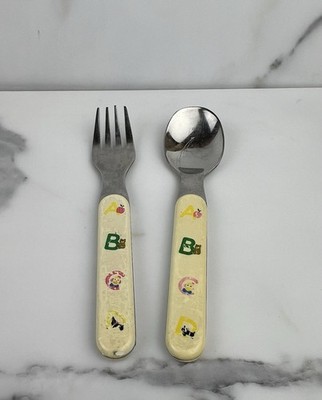 Vintage ABC Children Baby Fork Spoon Stainless Set Bear Dog Apple Clown