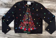 Michael Simon Christmas Tree Sweater with Beads & Baubles Hearts Size Petite M