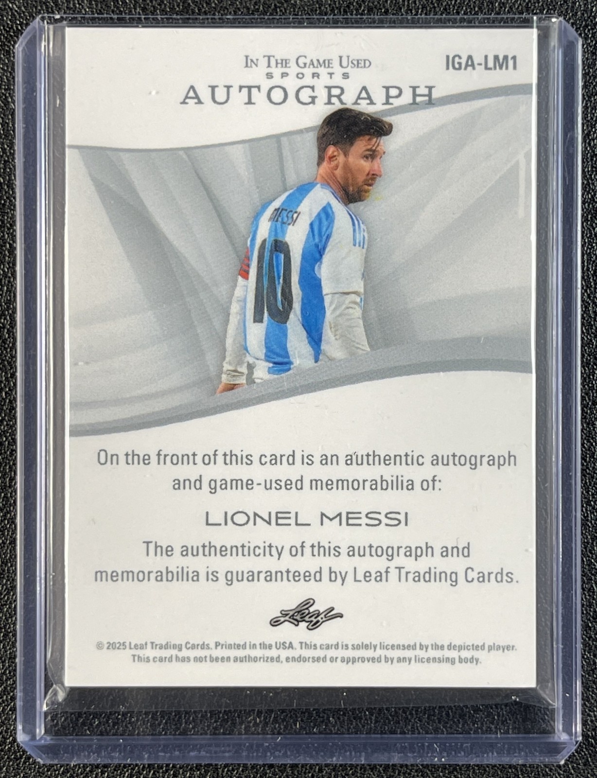 LIONEL MESSI 2025 LEAF IN THE GAME USED SPORTS GU JERSEY AUTO GLITTER HOLO 4/7 view 2