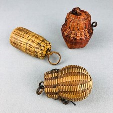 Vintage Woven Wicker Wood Baskets with hinged lids 3 Pcs Miniature Philippines