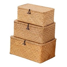 Storage Basket with Lid, Natural Seagrass Bin with Lid Set of 3, NATURAL01