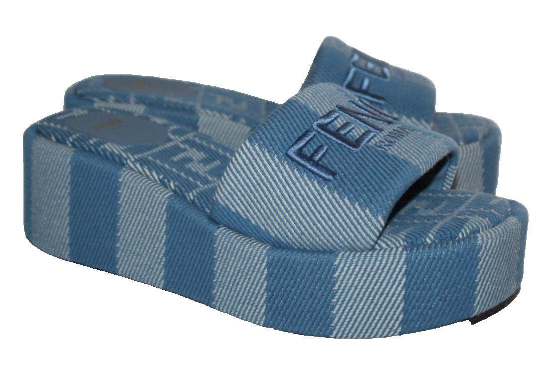 NWOB FENDI Sunshine Slides Logo Blue Denim Striped Platform