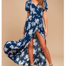Lulus Heart of Marigold Navy Blue Floral Print Wrap Maxi Dress Small