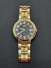 Elgin Diamond Watch Mens Gold Stainless Steel Date 30m Battery Black Quartz