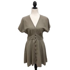 Quince Olive Green Vintage Wash Tencel V Neck Button Front Short Sleeve Dress XS