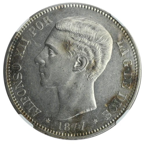 SPAIN 5 Pesetas 1877(77) DE-M Silver NGC UNC 'Alfonso XII'