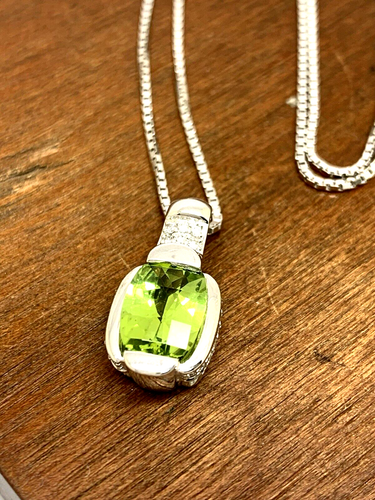 Lorenzo Green Peridot Diamond Pendant 18k White Gold Women's Necklace 18'' - Picture 10 of 13