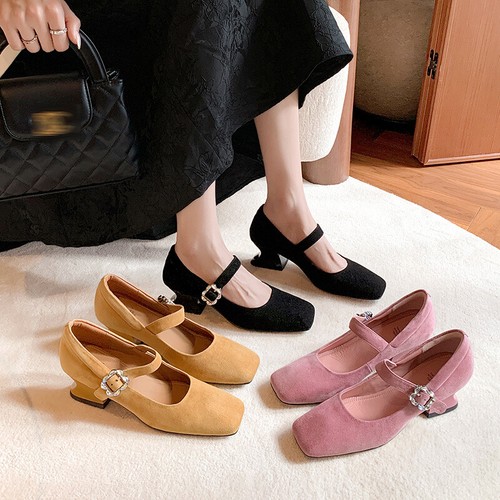 French Women's Spring Summer Sheepskin Suede Mary Jane Fashion Square Toe Shoes - Picture 4 of 27