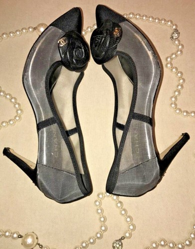 CHANEL COCO Mesh CC Floral Logo Black Pointed toe CC on Heel Pumps Size 41 - Picture 16 of 21