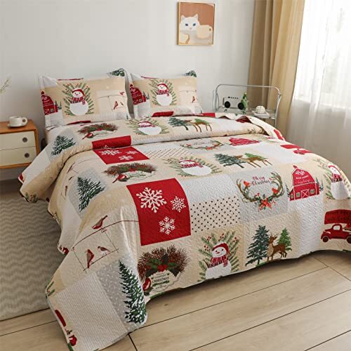 Christmas Plaid Snowman Quilt Set Queen Size (90 x 90 Full/Queen
