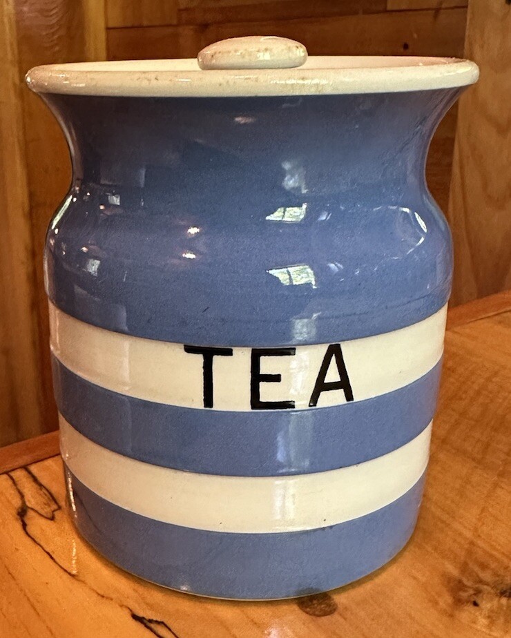 Vintage T G Green Cornishware Tea Jar - Striped Blue & White Canister Storage￼