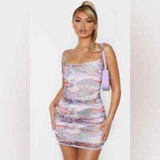 PrettyLittleThing Lilac Mixed Print Mesh Ruched Strappy Bodycon Dress size 10