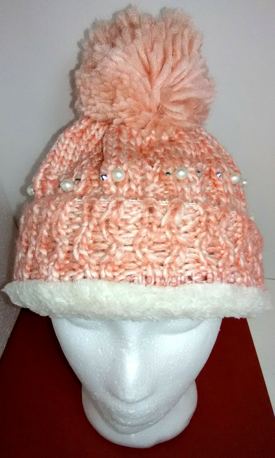 Knit Beanie with Faux Fur Pom Pom and Pearl Bead Bling for Winter-image