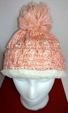 Beanie Knit Warm Winter Ski Hat Strip Pearl Bead Bling Faux Fur Pom Pom C-130