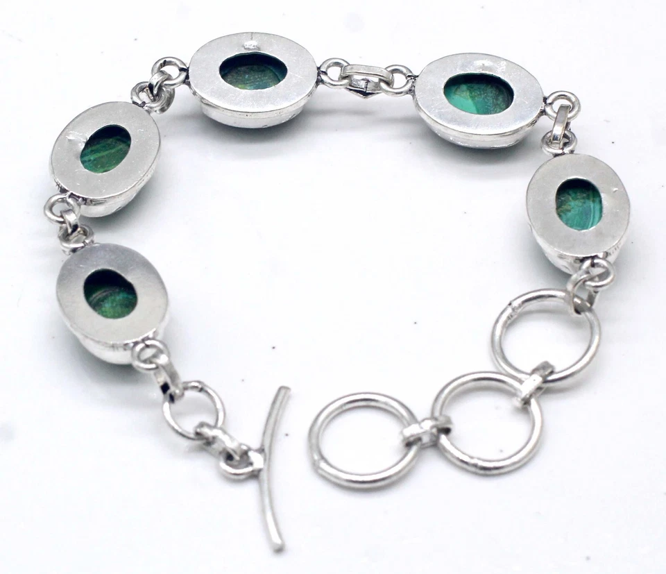 925 Sterling Silver Malachite Gemstone Handmade Jewelry Bracelet Size-7-8" - Image 2 of 4