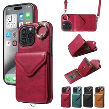 For iPhone 16 Plus 15 14 13 12 11 Pro Max Strap Wallet Card Leather Phone Case