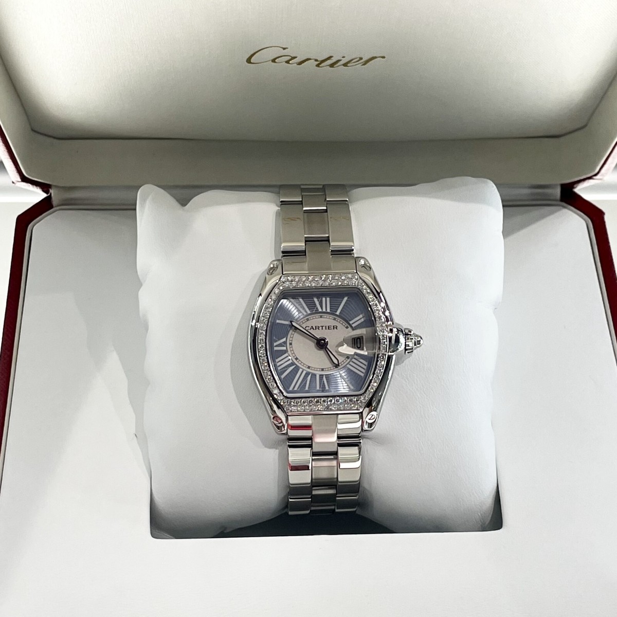 CARTIER ROADSTER LADIES BLUE ROMAN DIAMOND BEZEL STAINLESS ref