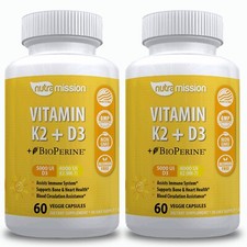 Vitamin D3 5000 IU  K2 MK-7 4000 UI Supplement, BioPerine Capsules 2-Pack