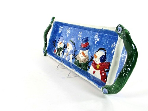 St. Nicholas Square BUTTON UP 16" Treat Tray Cookie Platter Snowmen Blue - Picture 3 of 12