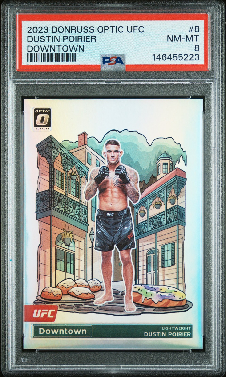 2023 Panini Donruss Optic UFC Downtown #8 Dustin Poirier Prizm Case Hit PSA 8