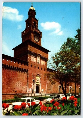Postcard Castello Sforzesco Milan Italy Torre del Filarete Flowers