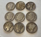 Lot Of 9 90% Silver Mercury Dimes, Roosevelt Dimes $0.90 Face Value 1918-1950