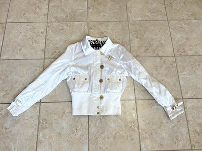 Vintage Y2K Baby Phat White Satin Cropped Jacket Gold Logo Buttons 2000s