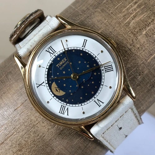 Vintage Timex M CELL Men Dress Moon Phase White Leather 34mm Watch 7 3/4"