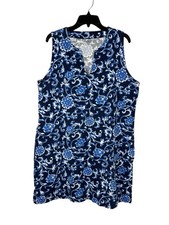 Lands' End Womens Sleeveless Dress Blue Floral Cotton Casual Sz L Beach Vacation