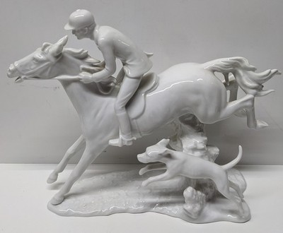 VTG Kaiser Bochmann Fox Hunt White Porcelain Figurine Rider Horse & Hound