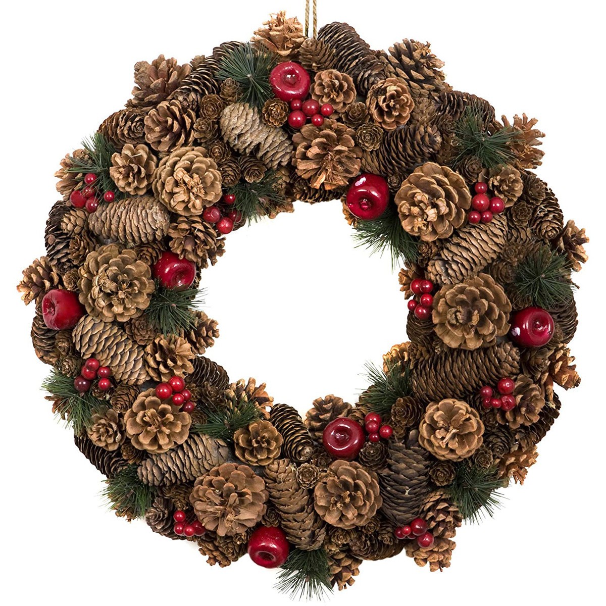 GreenBrokers Christmas Hanging Wreath 48cm Festive Pine Cones & Red Berries