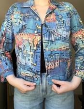 Chico  s Art Print Jacket Linen Blend Button Front Women  s M